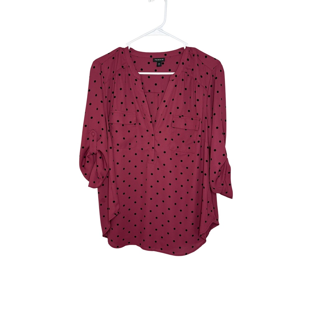 Torrid Womens 00 Pink Black Polka Dot Blouse V Neck Tab Sleeve Career Top